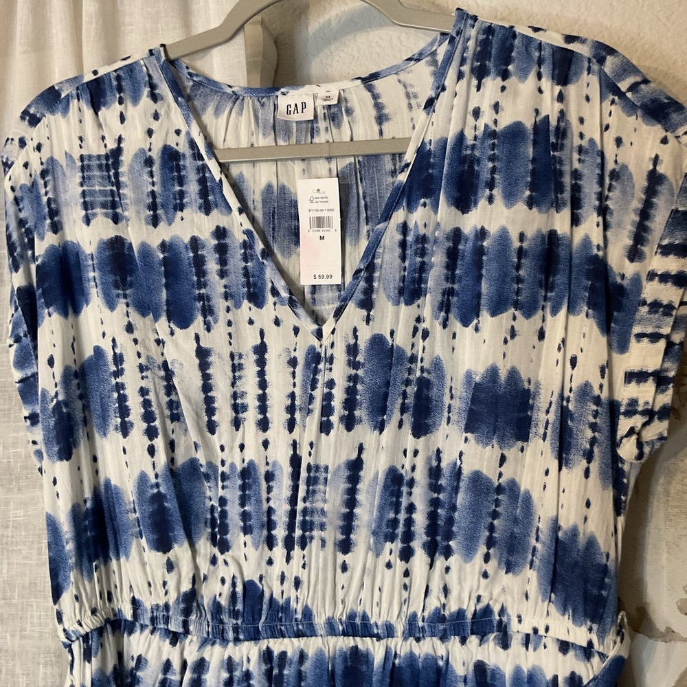 GAP Factory Blue and White Tie-Dye V-Neck Midi Dress with Waist Tie - Picture 2 of 8